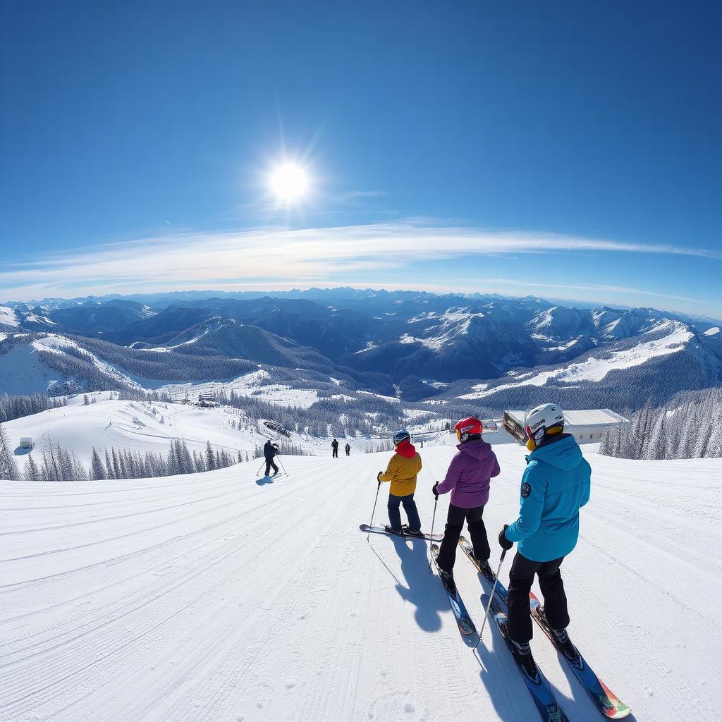 Skianfänger auf einer breiten, sanften Piste in den österreichischen Alpen bei Sonnenschein