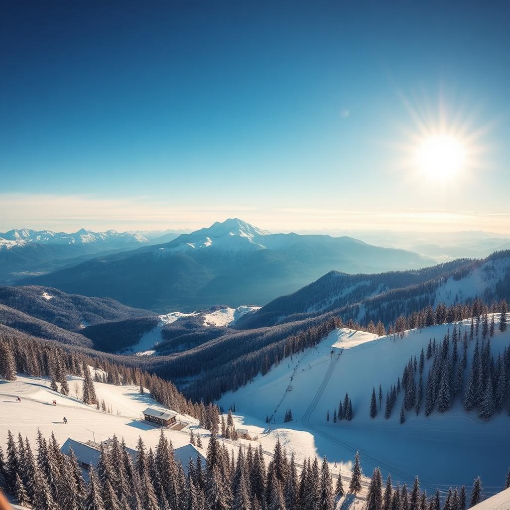 Panoramablick auf Skigebiete an der Grenze zwischen Deutschland und Österreich bei Sonnenschein