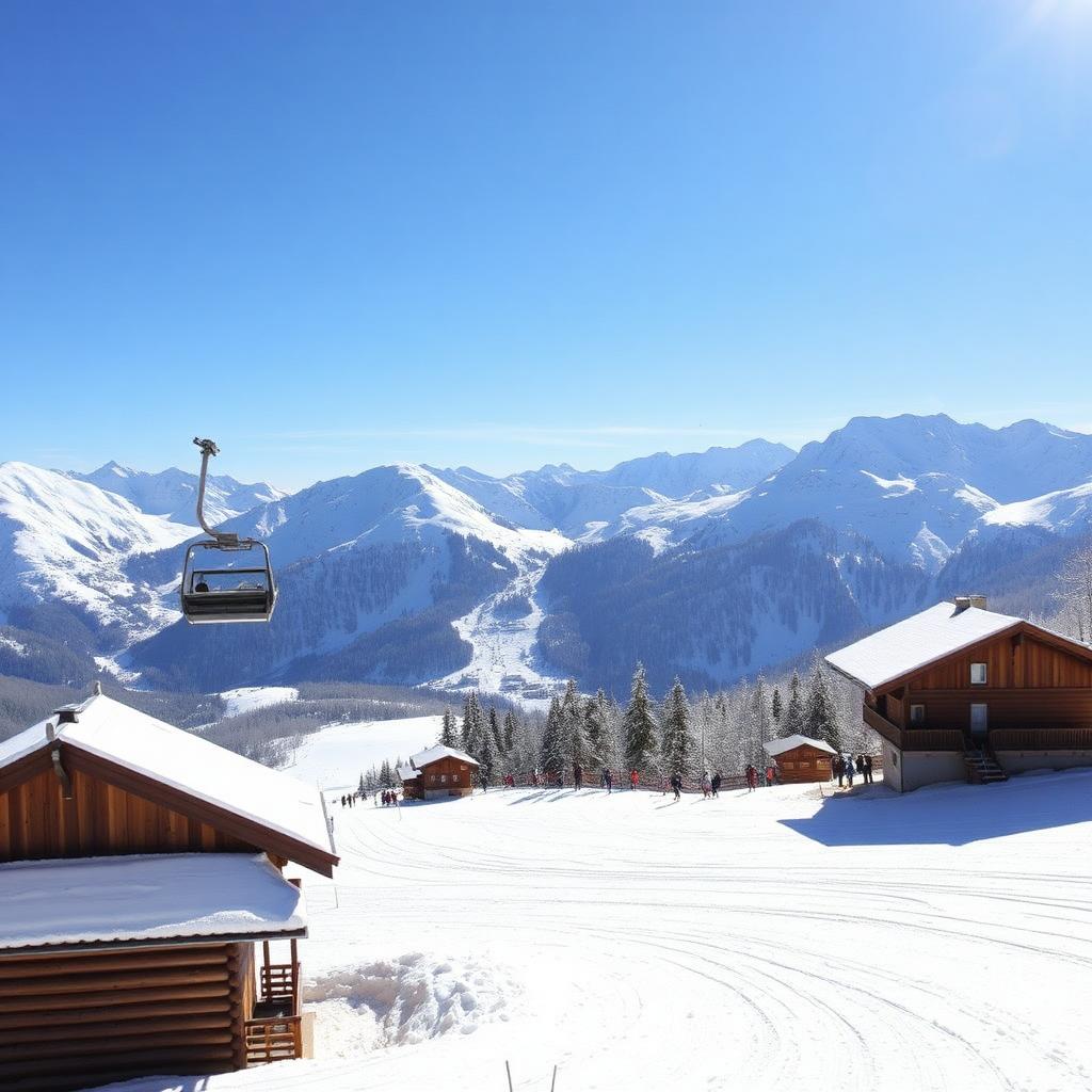 Panoramablick auf das Skigebiet Ratschings-Jaufen mit 8er-Kabinenbahn und Stubaier Alpen