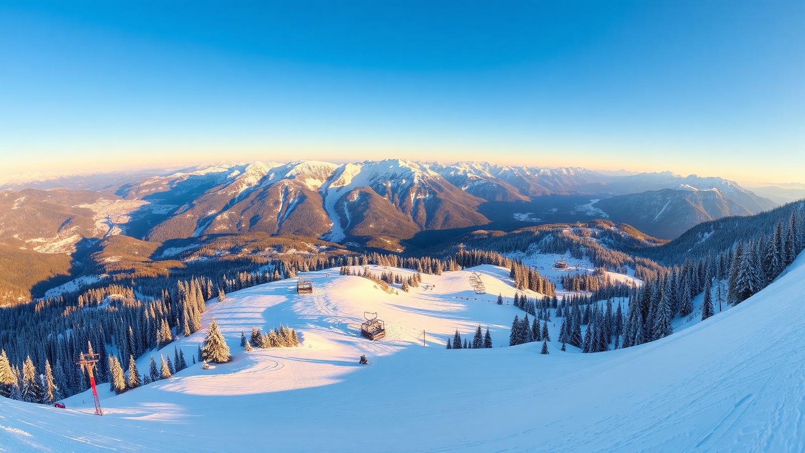 Verschneite Skipiste in den österreichischen Alpen bei Sonnenschein